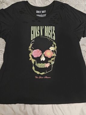 Torrid 2 Guns N' Roses Floral Skull Graphic Tee - Black with Pink & Green Floral